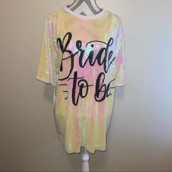 White Iridescent Sequin Trendy “Bride to Be” Short Sleeve Mini Dress One Size - Picture 7 of 12